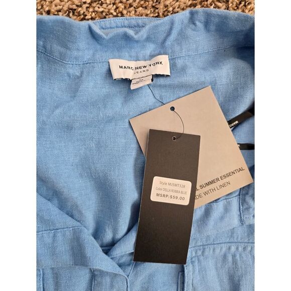 Marc New York Jeans XL Linen Blend Boxy Shirt NWT Quiet Luxury Blue Cropped - Picture 7 of 8